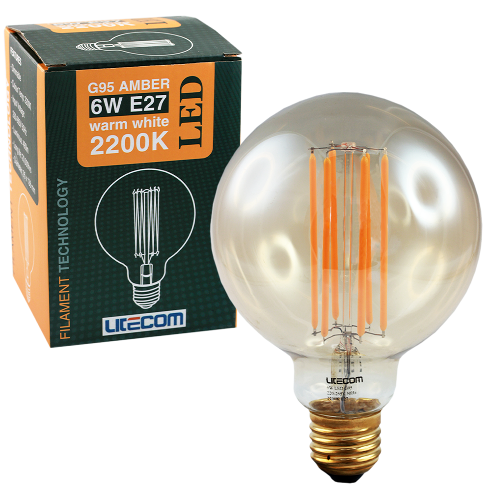 LED Filament G95 Amber 6W 2200K Clear/Gold Tint E27 Dimmable